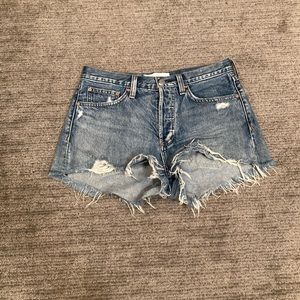 Distressed denim shorts